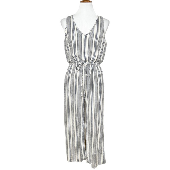 Anthropologie Pants - Anthropologie Striped Blue Cream Linen Blend Tie Waist Sleeveless Jumpsuit